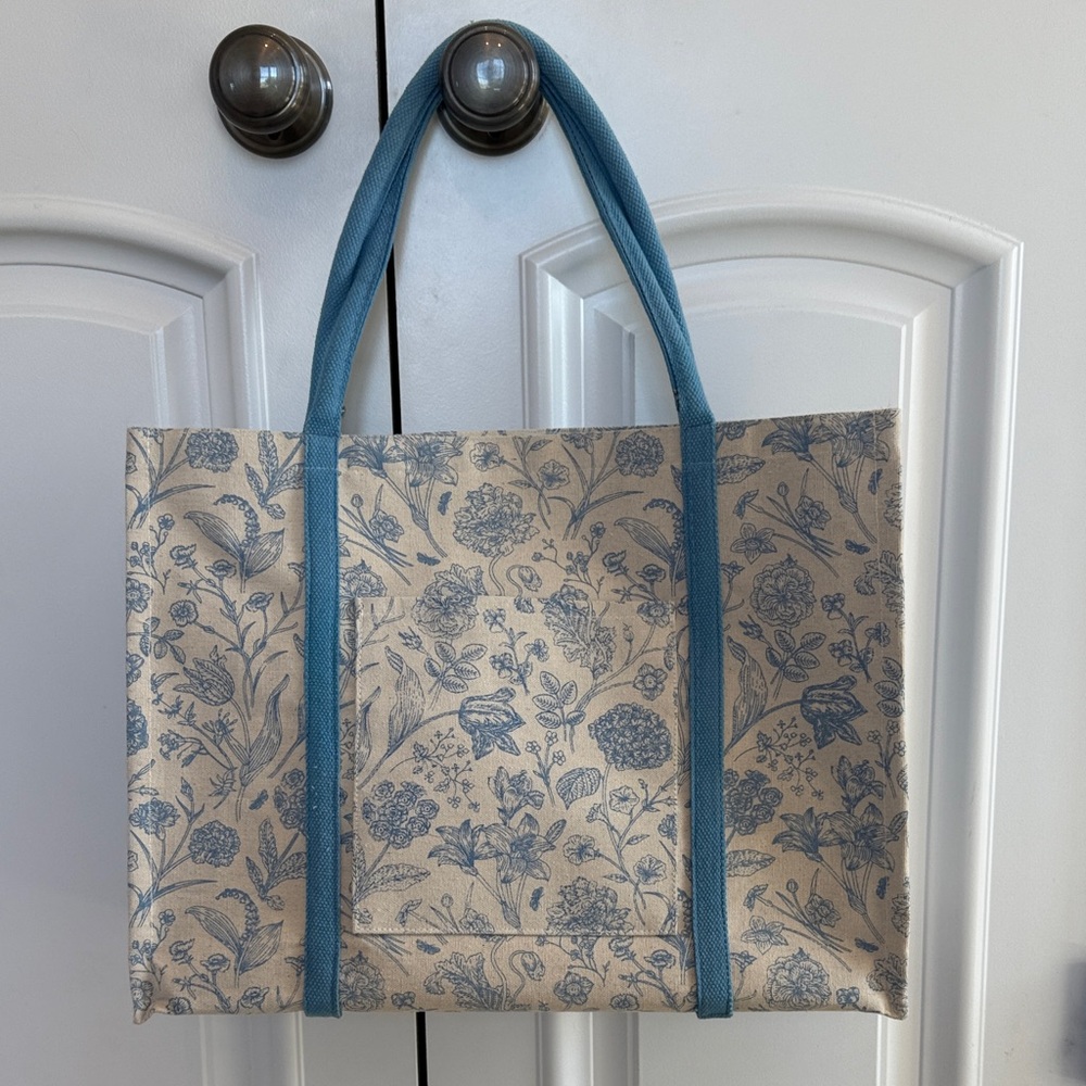 Woman’s Blue Floral Canvas Tote Bag with Blue Straps
